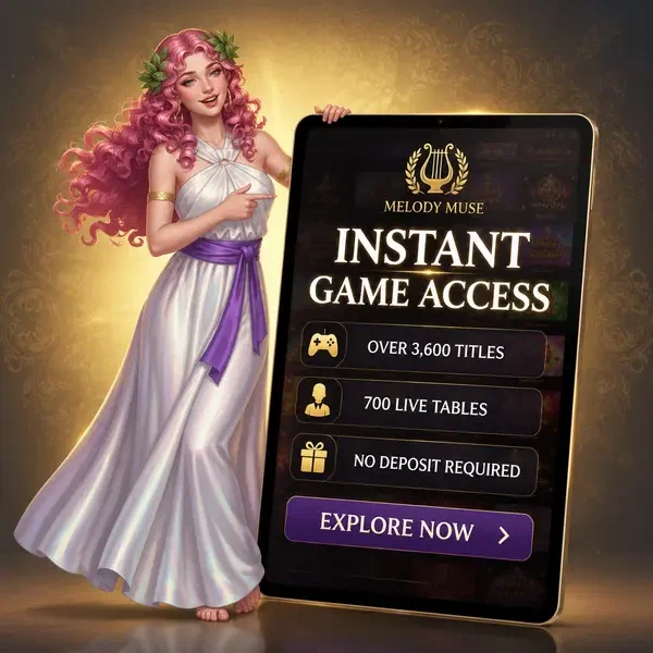 Muse enjouée pointant une tablette montrant 3 600+ jeux alors qu'un joueur s'inscrit pour un accès instantané