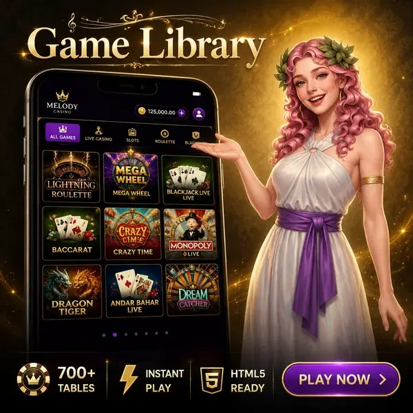Muse Melody gesticulant vers l'application Casino LiraSpin affichant une bibliothèque de jeux mobiles colorés