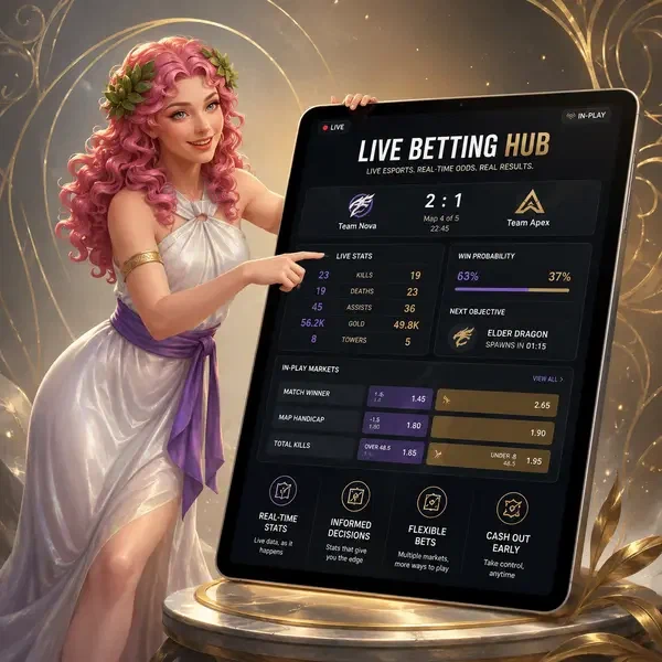 Muse gracieuse guidant un joueur à travers les données de paris esports en direct sur une tablette lumineuse dans un hub de jeu