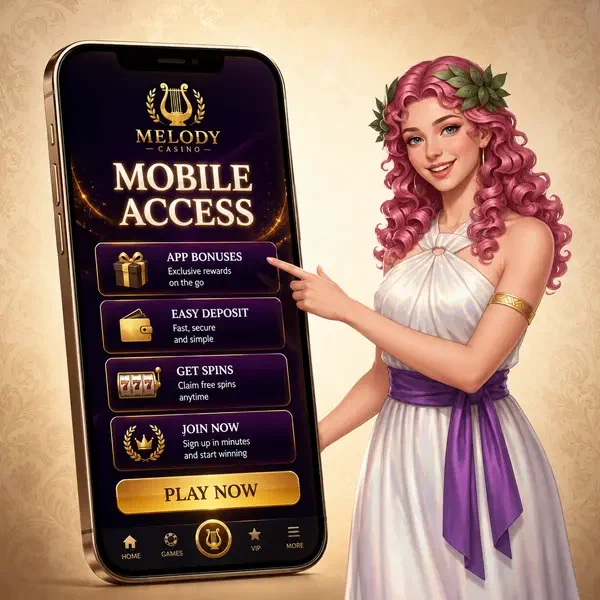 Interface de l'application mobile du Casino LiraSpin brillant tandis que la muse de la mélodie pointe vers le bonus sans dépôt