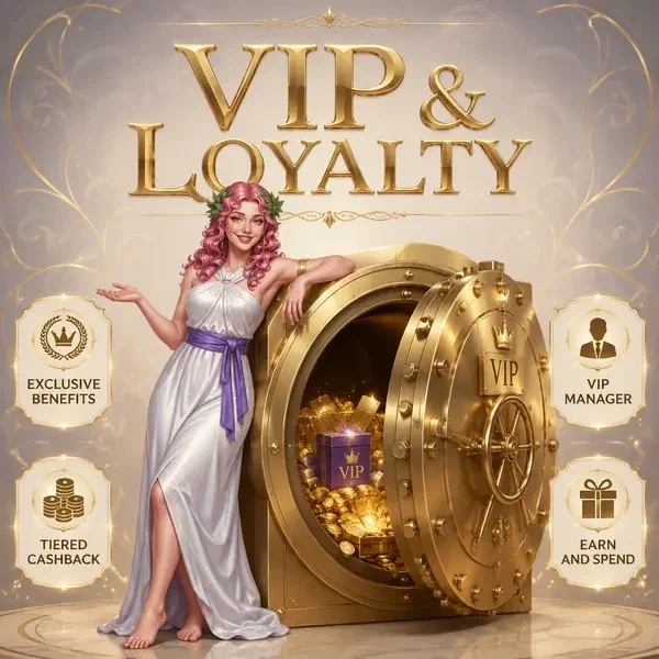 Melody muse célébrant les avantages VIP à côté d'un coffre-fort doré au salon de fidélité LiraSpin Casino