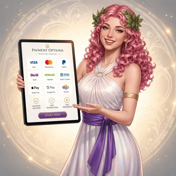 Vitrine des méthodes de paiement LiraSpin avec une muse élégante présentant plusieurs options de transaction
